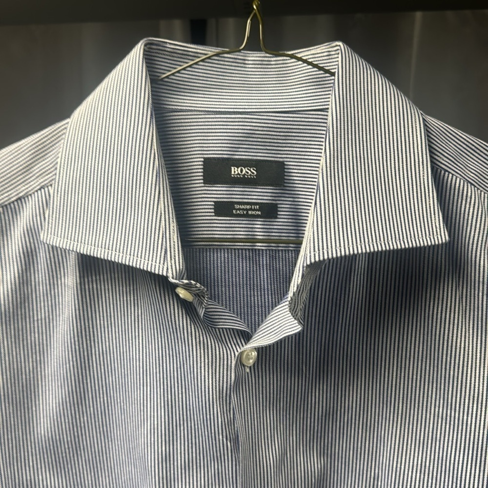 Men’s dress shirt BOSS sharp fit 16.5 34/35 dark blue/light blue stripe - Picture 2 of 4
